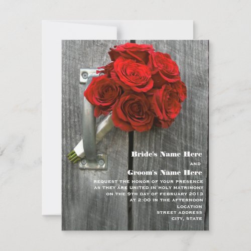Red Rose Bouquet &amp; Barnwood Wedding Personalized Invites