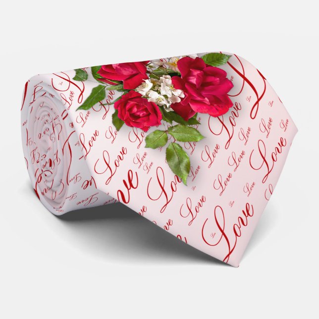 Red Rose Bouquet Floral Photography Love Pattern Neck Tie (Rolled)