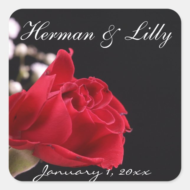 Red Rose Bouquet Personalized Wedding Square Sticker (Front)