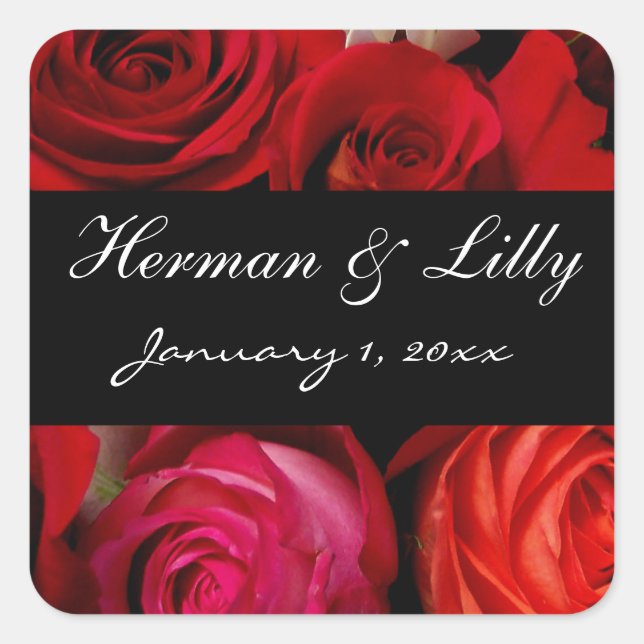 Red Rose Bouquet Personalized Wedding Square Sticker (Front)