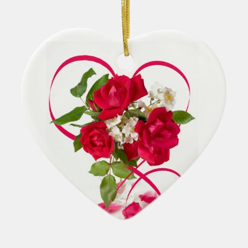 Red Rose Bouquet Photo and Ribbon Heart Ceramic Ornament