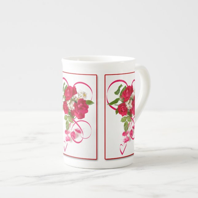 Red Rose Bouquet & Ribbon Photo Valentine Bone China Mug (Front Right)