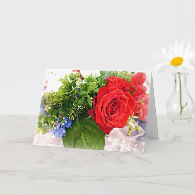 Red Rose Bouquet Valentines or Happy Anniversary Card (Small Plant)