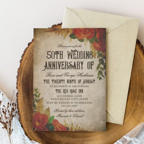 Red Rose Bouquets Vintage 50th Wedding Anniversary Invitation
