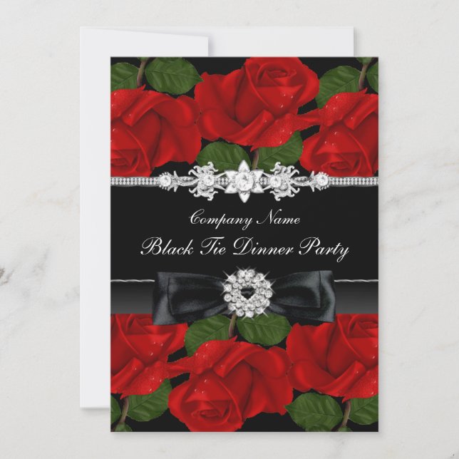Red Rose & Bow Corporate Black Tie Dinner Party Invitation (Front)