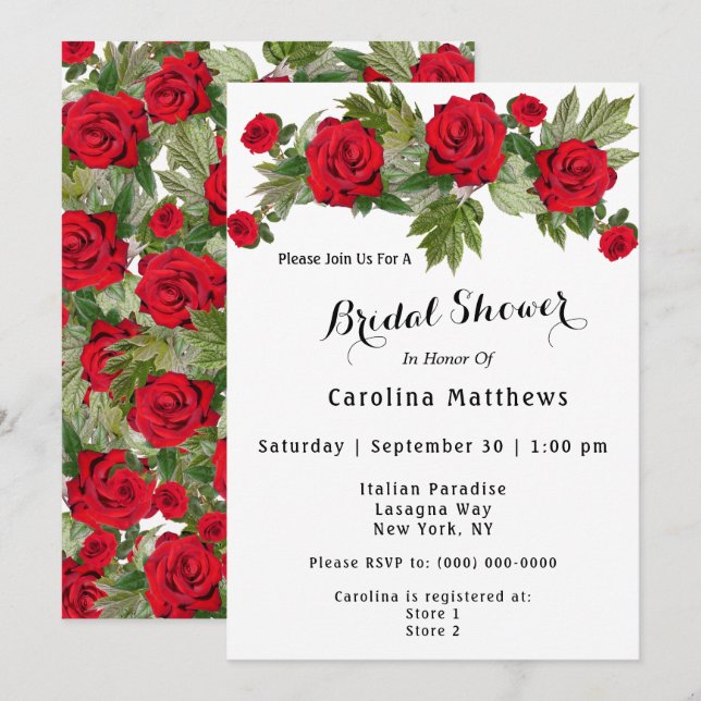 Red Rose Bridal Shower Floral Invitation (Front/Back)