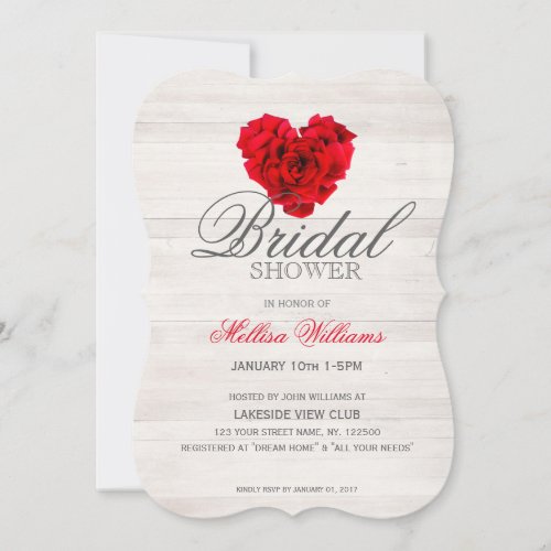 Red rose bridal shower invitation - Elegant heart shaped red rose on wood background bridal shower invitation card.