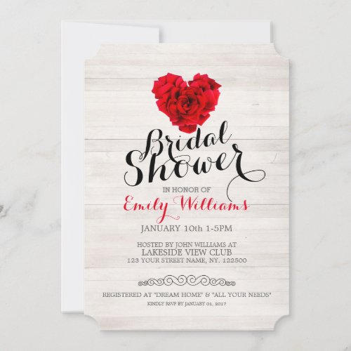 Red rose bridal shower invitation - Elegant heart shaped red rose on wood background bridal shower invitation card.