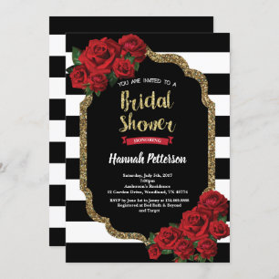 Red rose bridal shower invitation black and gold