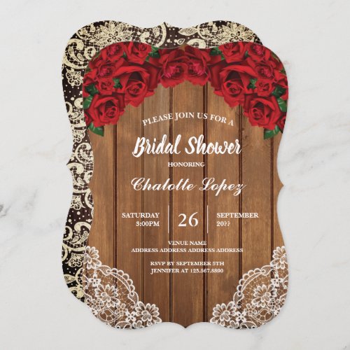 Red rose bridal shower rustic wood invitation