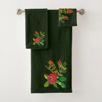 Red Rose & Buds accent Dark Hunter Green Bath Towel Set
