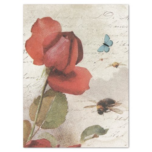 Red Rose Bumblebee French Script Butterfly Vintage Tissue Paper