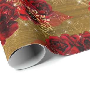 Red Rose Bunch Sparky Floral Glitter Gold Metall Wrapping Paper