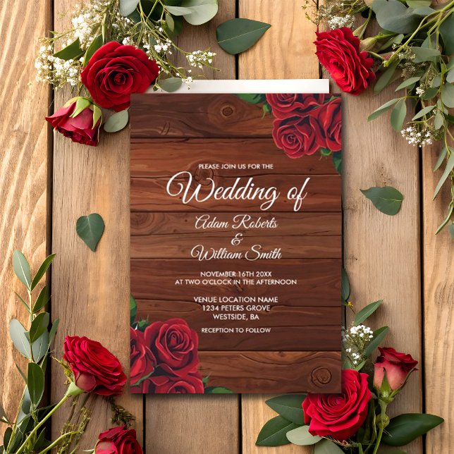 Red Rose Burgundy Rustic Autumn Garden Wedding Invitation (Creator Uploaded)