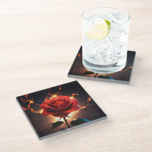 Red Rose Burning withe fire Glass Coaster