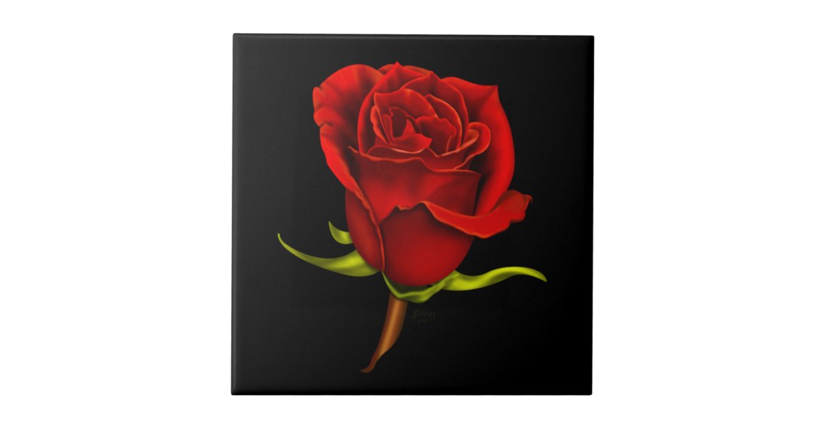 Red Rose Ceramic Tile on Black | Zazzle