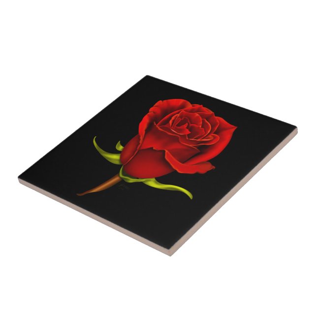 Red Rose Ceramic Tile on Black (Side)
