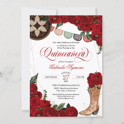 Red Rose Charra Cowgirl Boots Western Quinceaera  Invitation