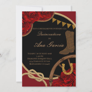 Red Rose Charra Quinceañera Mexican Fiesta Invitation