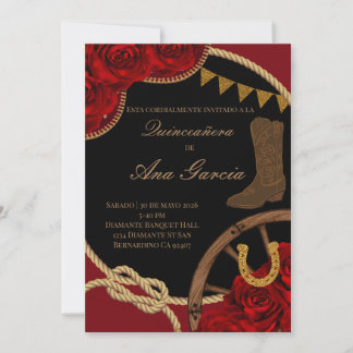Red Rose Charra Quinceañera Mexican Fiesta  Invitation