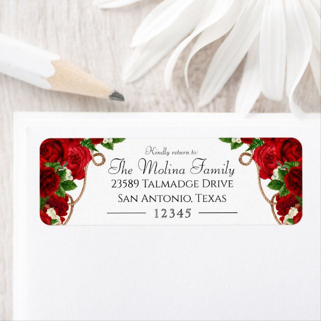 Red Rose Charro Quinceanera Return Address Label (Insitu)