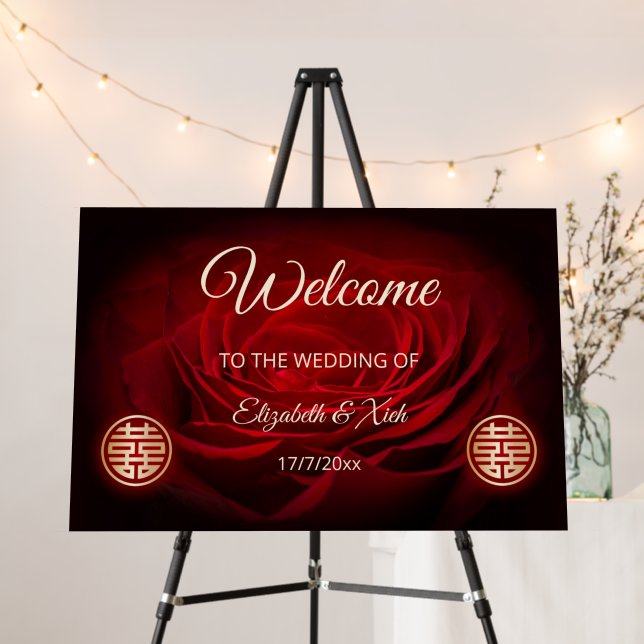 Red Rose Chinese Wedding Welcome Foam Board (In Situ (Stand))