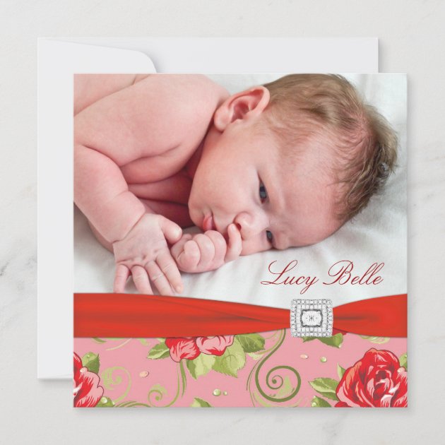 Red Rose Chintz Pink Rose Baby Girl Photo Birth Announcement