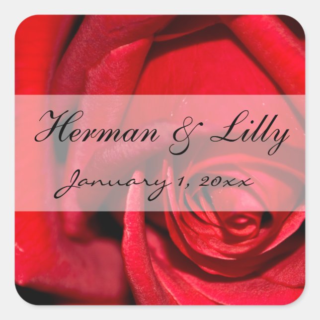 Red Rose Close Up Personalized Wedding Square Sticker (Front)