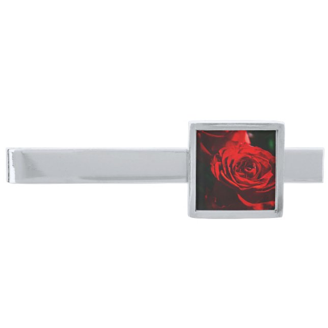 Red Rose Close Up Photo Silver Finish Tie Bar (Front)