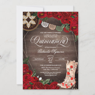 Red Rose Cowgirl Boots Western Charro Quinceañera Invitation