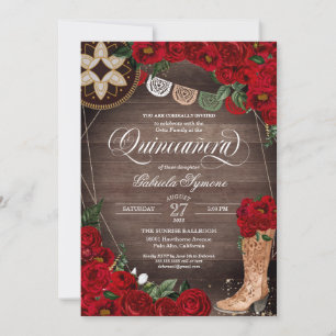 Red Rose Cowgirl Boots Western Charro Quinceañera Invitation