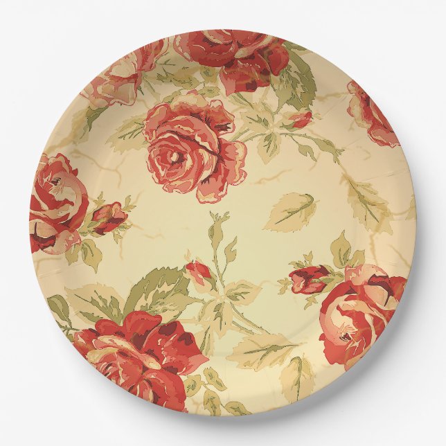 Red Rose, cream, tan antique floral Paper Plates (Front)