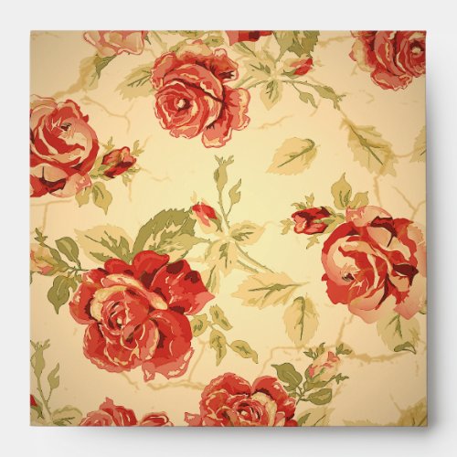 Red rose cream tan antique floral print envelope