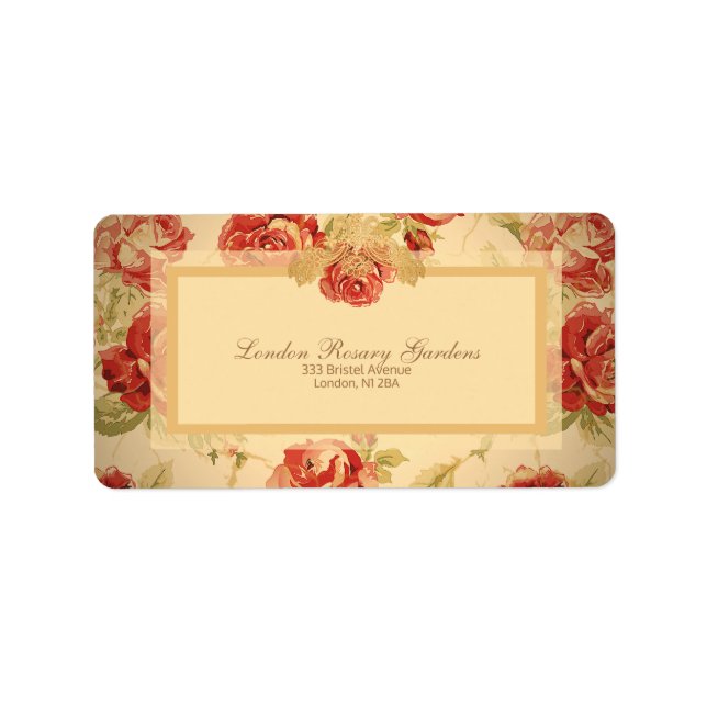 Red rose, cream, tan antique floral print label (Front)