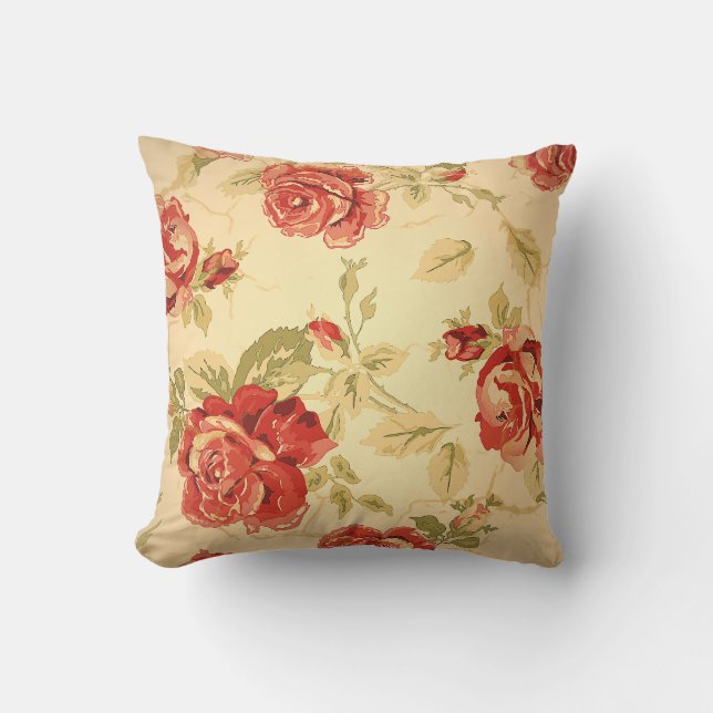 Red rose, cream, tan, antique floral print throw pillow (Front)