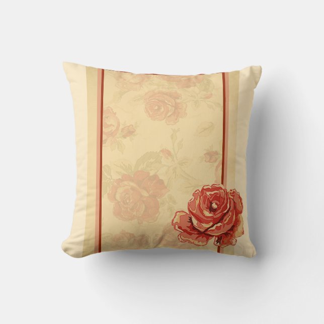 Red rose, cream, tan antique floral throw pillow (Front)