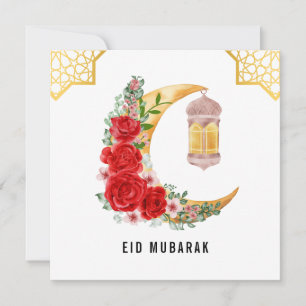 Red Rose Crescent Moon Eid Mubarak Card