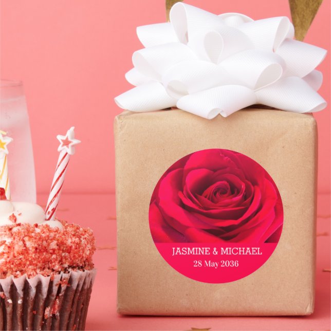Red Rose Custom Name Floral Wedding,Engagement  Classic Round Sticker (Party)