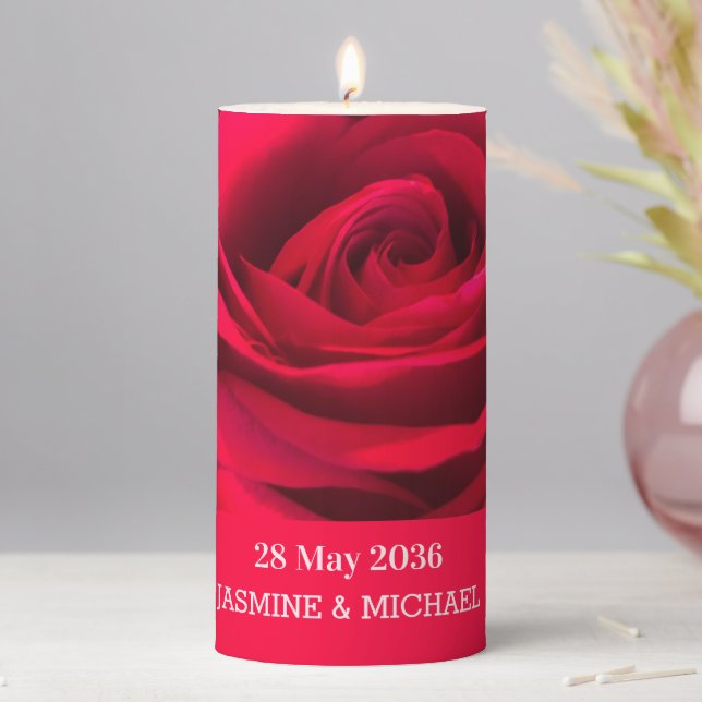 Red Rose Custom Name Floral Wedding,Engagement    Pillar Candle (In Situ)