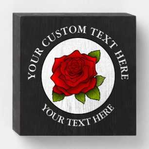 Red Rose Custom Text Icon Logo Wooden Box Sign