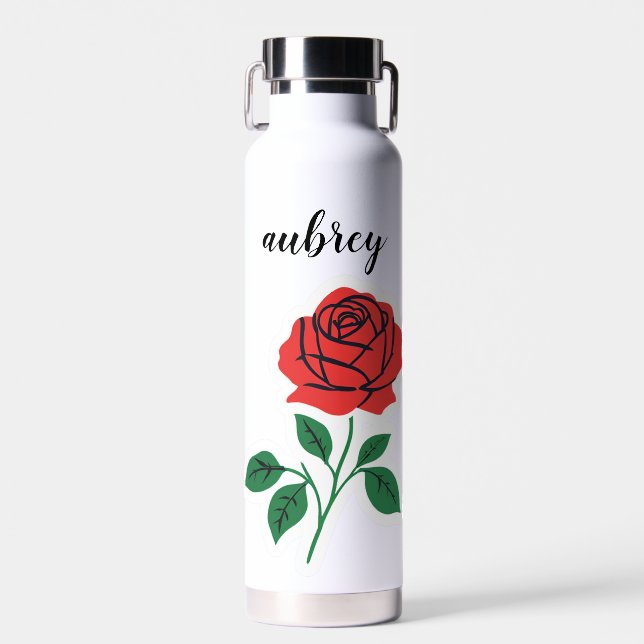 Red Rose Customizable Name  Water Bottle (Front)