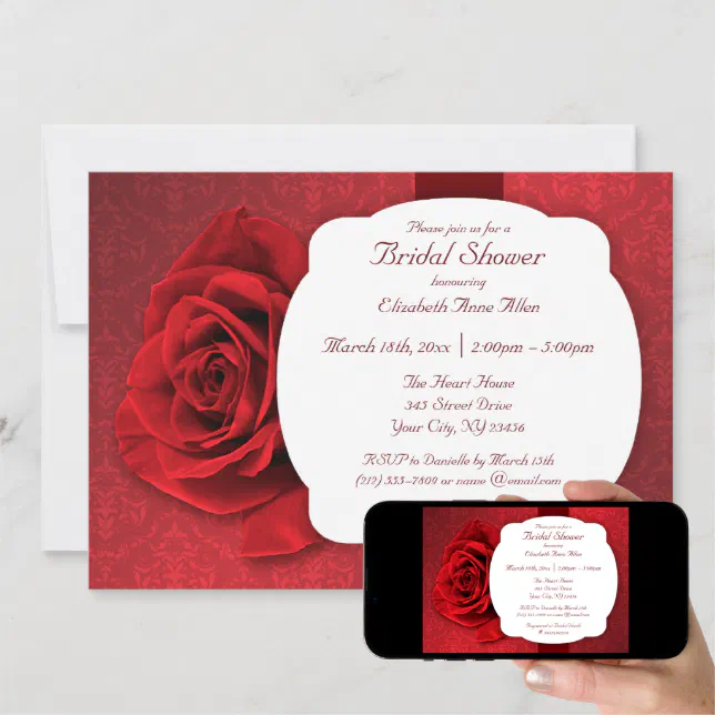 Red Rose Damask Bridal Shower Invitations Zazzle