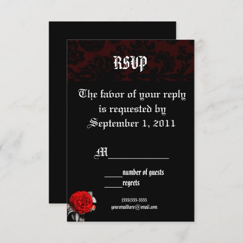 Red Rose Damask Goth Wedding RSVP Invitations
