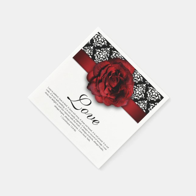 Red Rose Damask Love Wedding Anniversary Paper Napkins (Corner)