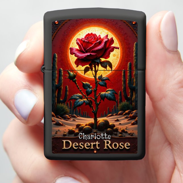 Red Rose Desert Landscape Zippo Lighter (In Hand)