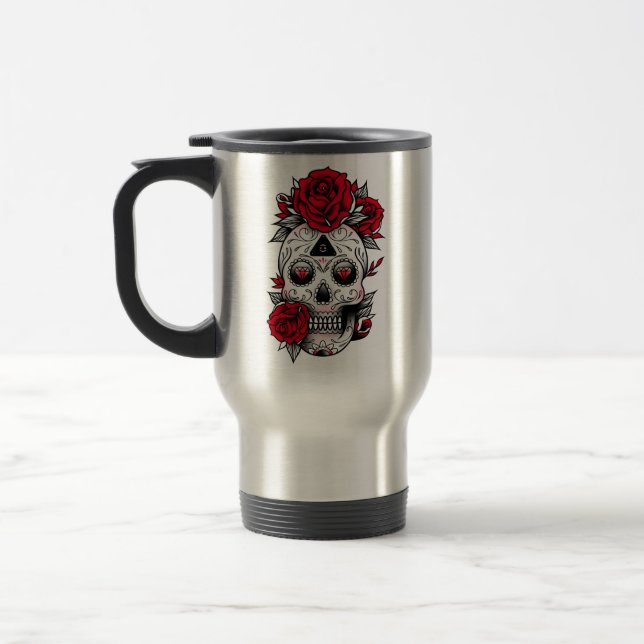 Red Rose Diamond Tattoo Skull Travel Mug (Left)