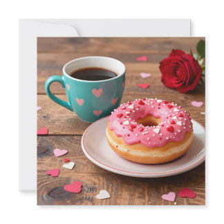 Red Rose, Donut and Coffee | Valentine's Day Holiday Card