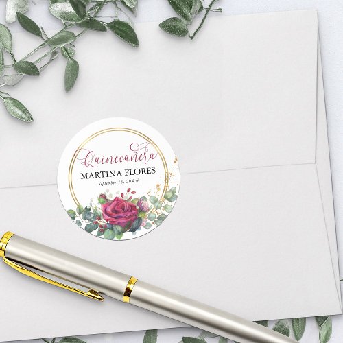 Red Rose Elegant Calligraphy Quinceanera Classic Round Sticker