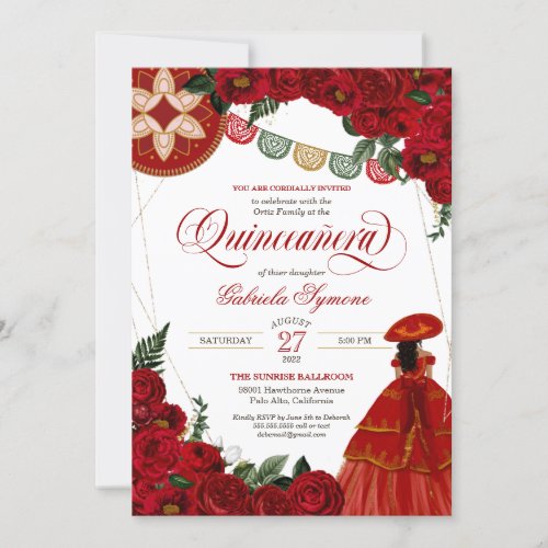 Red Rose Elegant CharraMariachi Dress Quinceaera Invitation