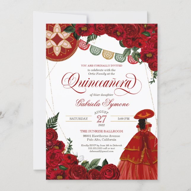 Red Rose Elegant Charra/Mariachi Dress Quinceañera Invitation (Front)